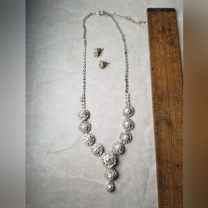 Matching Faux Pearl And Clear Gemstone Sunburst Necklace And Earrings